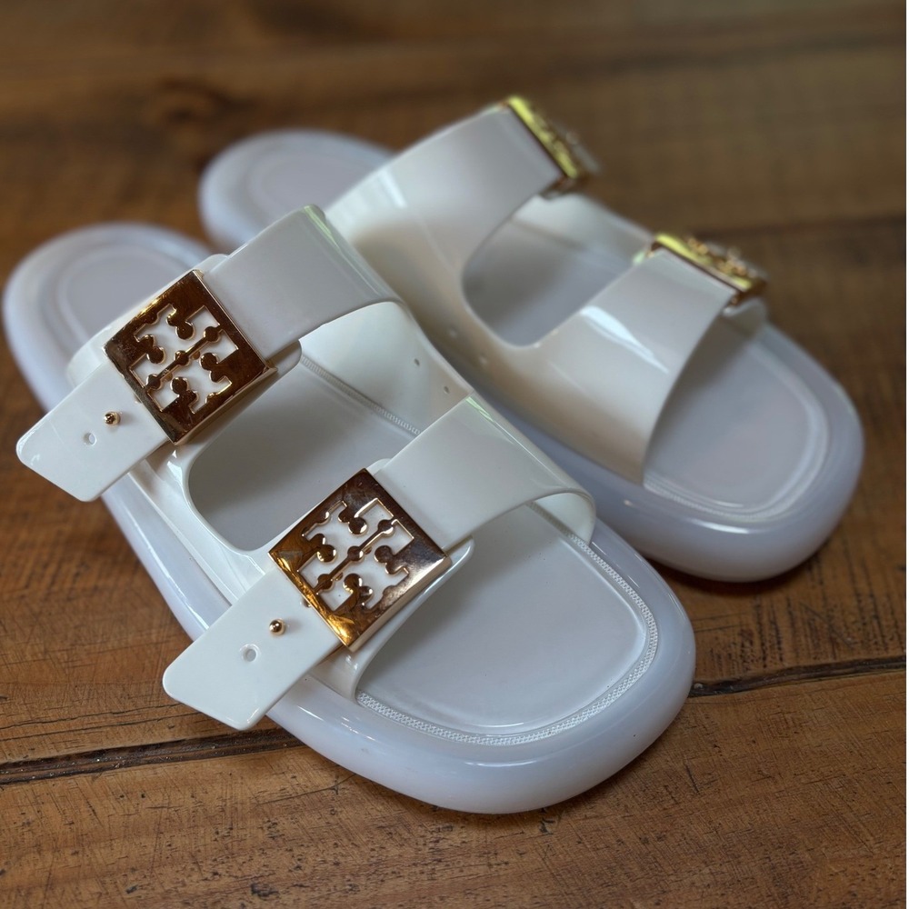 Tory Burch Womens Buckle Bubble Jelly Slides White Gold Logo Trim Adjustable 11